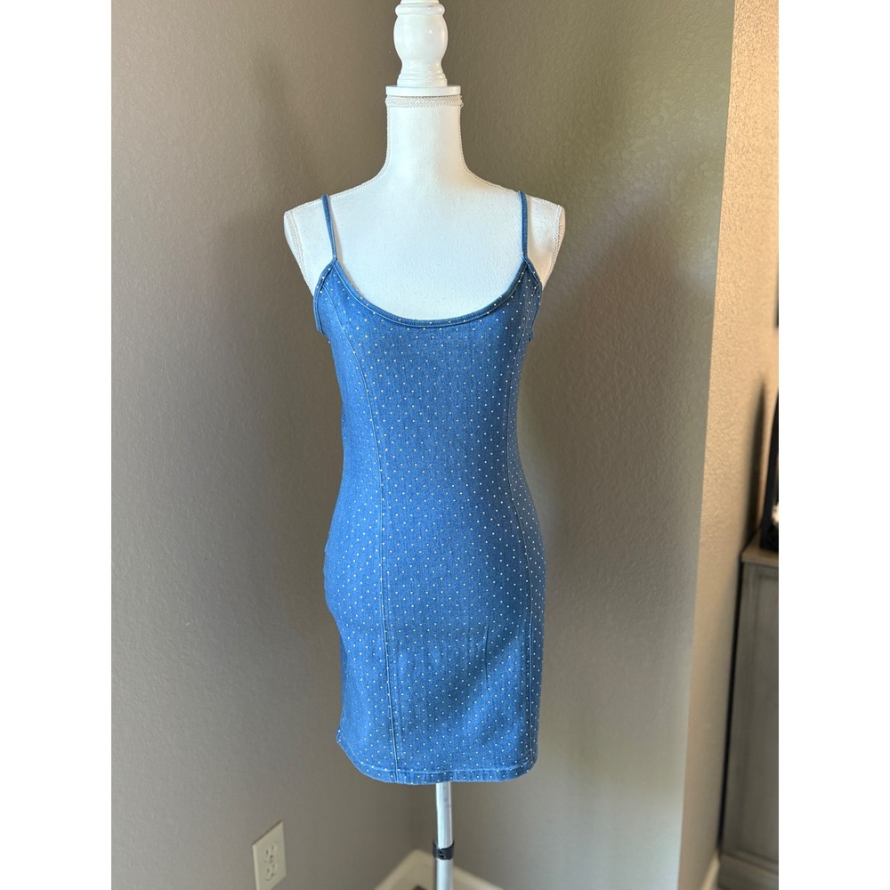Blashe‎ Blue Denim Rhinestone Studded Bodycon Mini Dress Womens Medium